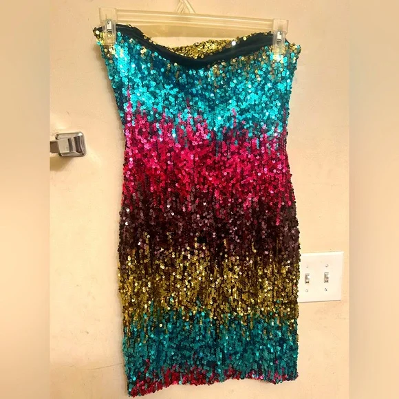 Rainbow sequins strapless dress large - Picture 1 of 8